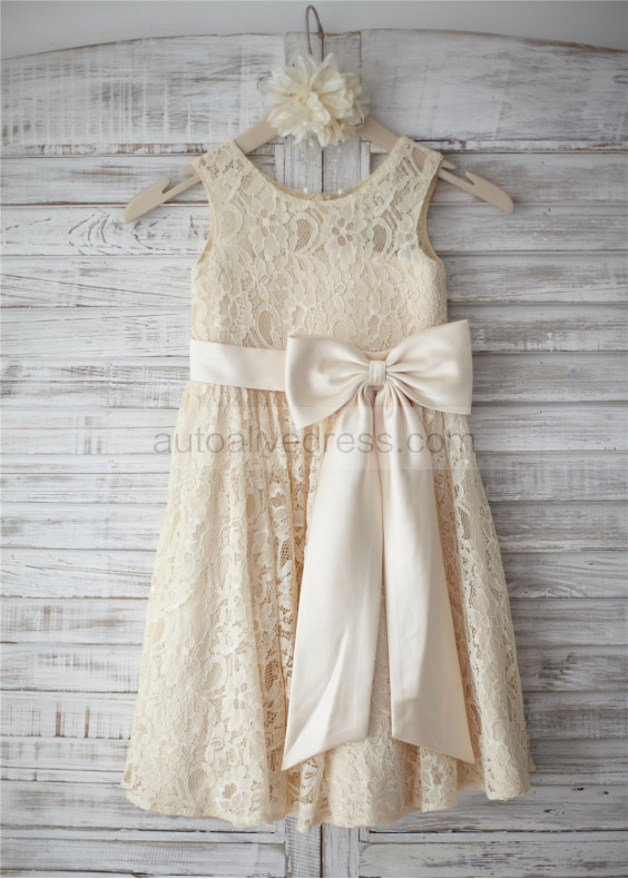 Champagne Lace Big Bow Knee Length Flower Girl Dress Champagne Lace Big Bow Knee Length Flower Girl Dress